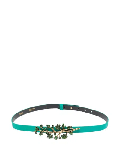 Pre-owned Oscar De La Renta Satin Crystal Belt In Green