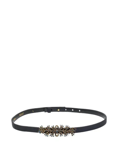 Pre-owned Oscar De La Renta Satin Crystal-embellished Belt In Black