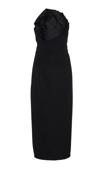 Oscar De La Renta Satin-trimmed Stretch-wool Midi Dress In Black
