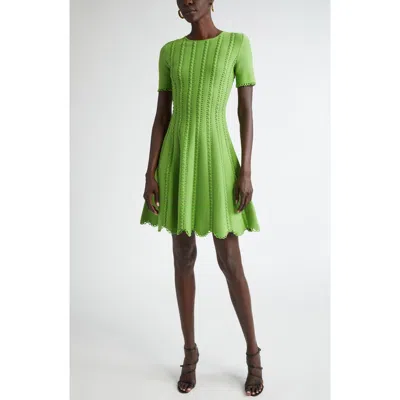 Oscar De La Renta Scallop Trim Fit & Flare Sweater Dress In Olivine