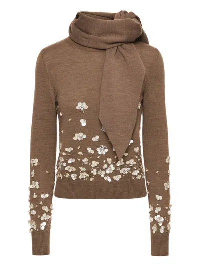Oscar De La Renta Scarf-detail Embroidered Sweater In Brown