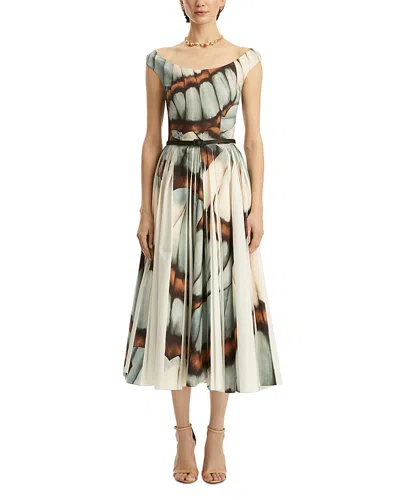 Oscar De La Renta Scoop Neck Butterfly Poplin Pleated Dress