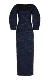 Oscar De La Renta Scoop Neck Metallic Orchid Jacquard Column Gown In Navy