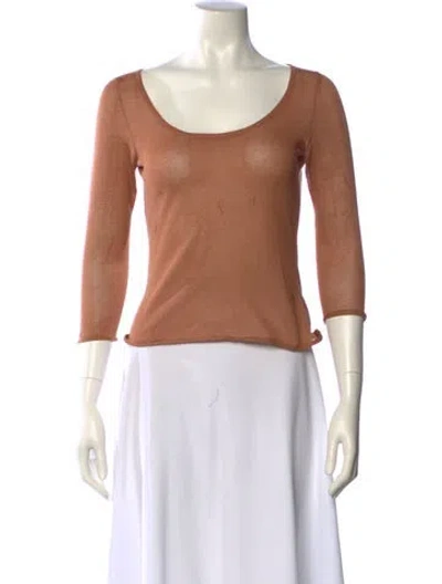 Pre-owned Oscar De La Renta Scoop Neck Three-quarter Sleeve Top In Brown