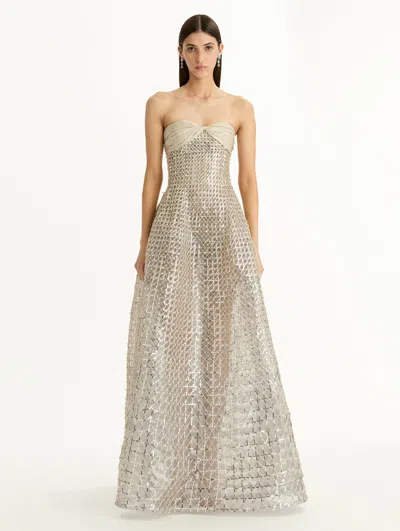 Oscar De La Renta Geometric Sequined Gown In Silver