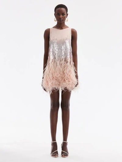 Oscar De La Renta Sequin & Feather Embroidered Dress In Blush