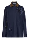 Oscar De La Renta Sequin-embellished Leather-collar Denim Jacket In Blue