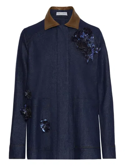 Oscar De La Renta Sequin-embellished Leather-collar Denim Jacket In Blue