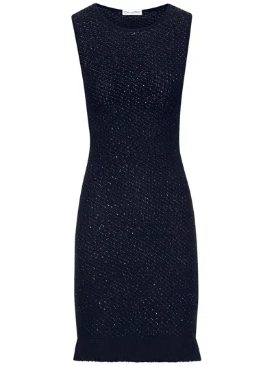 Oscar De La Renta Sequin-embellished Sleeveless Tweed Dress In Blue