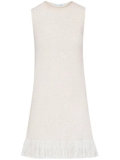 Oscar De La Renta Sequin Tweed A-line Dress In White