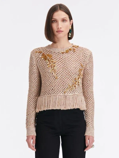 Oscar De La Renta Sequin Embroidered Crochet Pullover In Gold