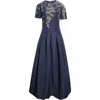 Oscar De La Renta Sequin Fern Embroidered Faille Gown In Blue