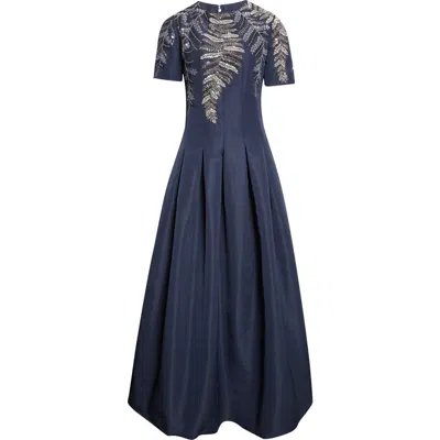 Oscar De La Renta Sequin Fern Embroidered Faille Gown In Blue