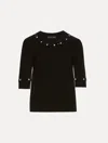 Oscar De La Renta Sequin Flower Short-sleeve Knit Sweater In Black
