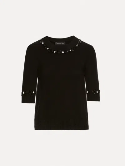 OSCAR DE LA RENTA SEQUIN FLORET TRIM PULLOVER