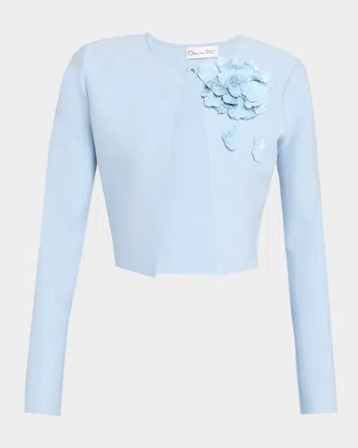 Oscar De La Renta Sequin Flower Crop Fitted Jacket In Blue