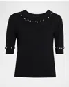 Oscar De La Renta Sequin Flower Short-sleeve Knit Sweater In Black