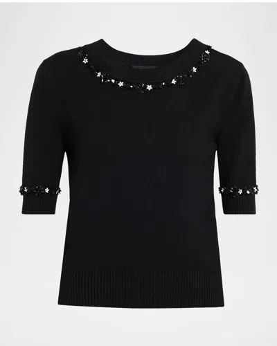 Oscar De La Renta Sequin Flower Short-sleeve Knit Sweater In Black