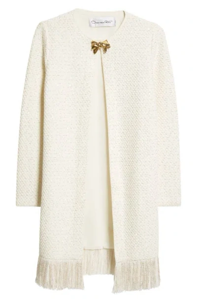 Oscar De La Renta Fringed Sequin-embellished Textured-knit Coat In White