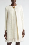 Oscar De La Renta Bow Button Sequin Tweed Coat In Ivory/gold