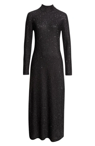 Oscar De La Renta Sequin Long Sleeve Metallic Knit Cocktail Dress In Black
