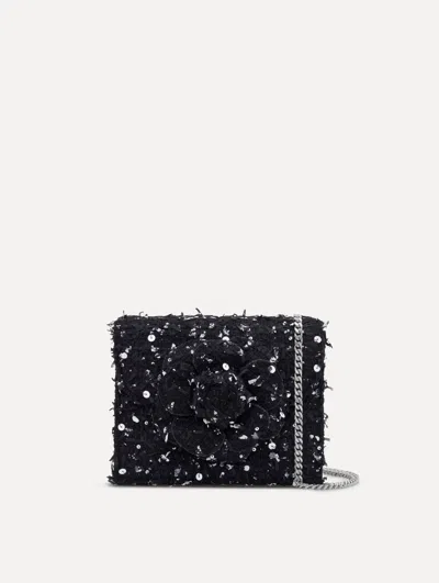 Oscar De La Renta Sequin Ribbon Tweed Mini Tro Bag In Black