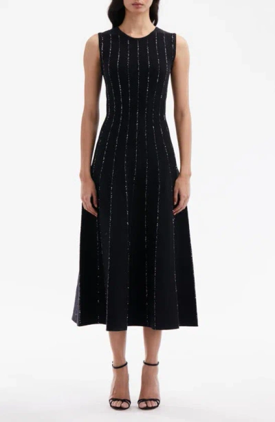 Oscar De La Renta Sequin Stripe Sleeveless Midi Sweater Dress In Black