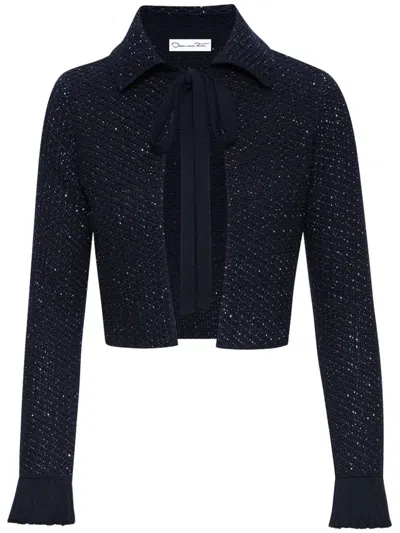 Oscar De La Renta Sequin Tweed Jacket In Navy