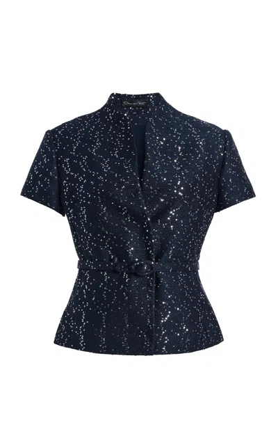 Oscar De La Renta Sequin Tweed Jacket In Blue