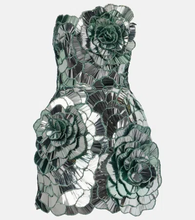Oscar De La Renta Sequined Geometric Floral Cocktail Mini Dress In Green