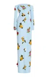 Oscar De La Renta Sequined Cady Gown In Blue