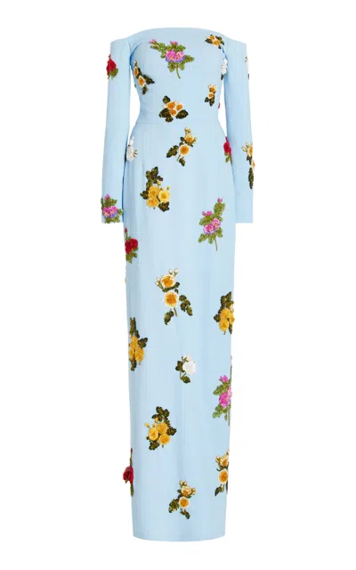 Oscar De La Renta Sequined Cady Gown In Blue
