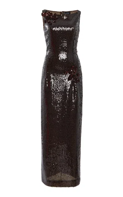 Oscar De La Renta Sequined Cocktail Midi Dress In Brown