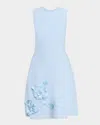 Oscar De La Renta Sequined Floral Applique Knit Dress In Blue