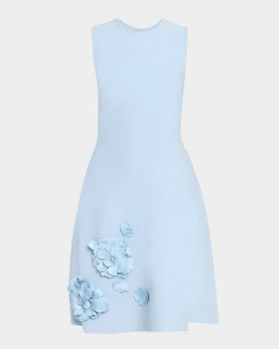 Oscar De La Renta Sequined Floral Applique Knit Dress In Blue