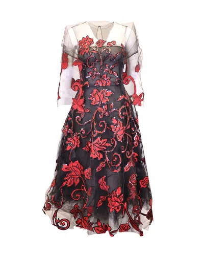 Oscar De La Renta Sequined Floral Dress In Black Cotton