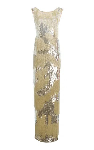 Oscar De La Renta Sequined Fringe Gown In Yellow