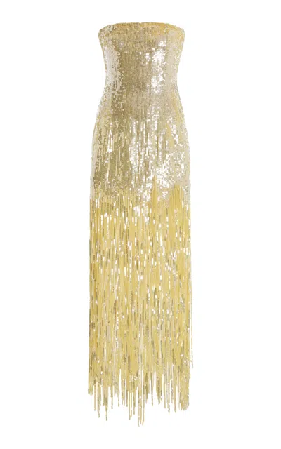 Oscar De La Renta Sequined Fringed Gown In Yellow