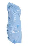 Oscar De La Renta Sequined Jersey Mini Dress In Blue