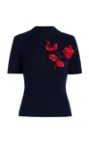 Oscar De La Renta Sequined Ribbed-knit Silk Top In Navy