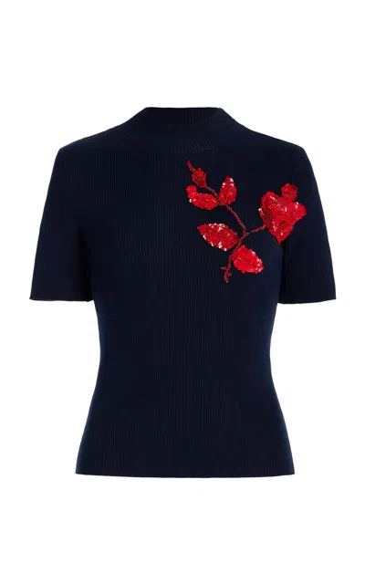 Oscar De La Renta Sequined Ribbed-knit Silk Top In Navy
