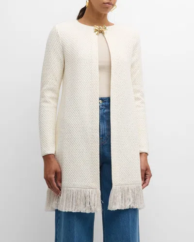 Oscar De La Renta Fringed Sequin-embellished Textured-knit Coat In White