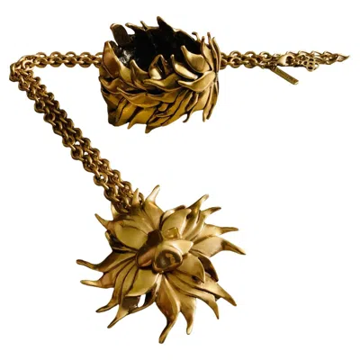 Pre-owned Oscar De La Renta Set Of Gold Plated Leaves Bracelet And Necklace In Multi
