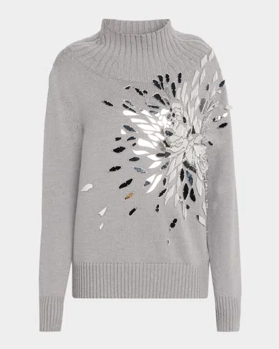 Oscar De La Renta Shattered Glass Embroidered Mockneck Sweater In Gray