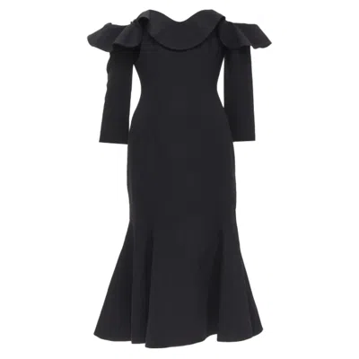 Oscar De La Renta Sheer Yoke Ruffle Off Shoulder Flute Skirt Dress In Black