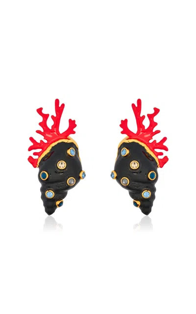 Oscar De La Renta Shell And Coral Large Earrings In Black