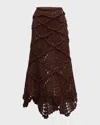 Oscar De La Renta Shell Crochet Flared Knit Skirt In Dark Brown
