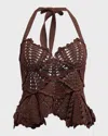 Oscar De La Renta Sweetheart Shell Crochet Knit Tank In Dark Brown