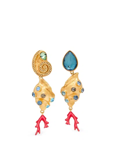 Oscar De La Renta Mixed Seashell Drop Clip-on Earrings In Gold