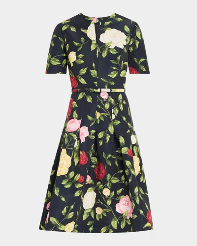 Oscar De La Renta Short-sleeve Belted English Rose Faille Dress In Navy Multi